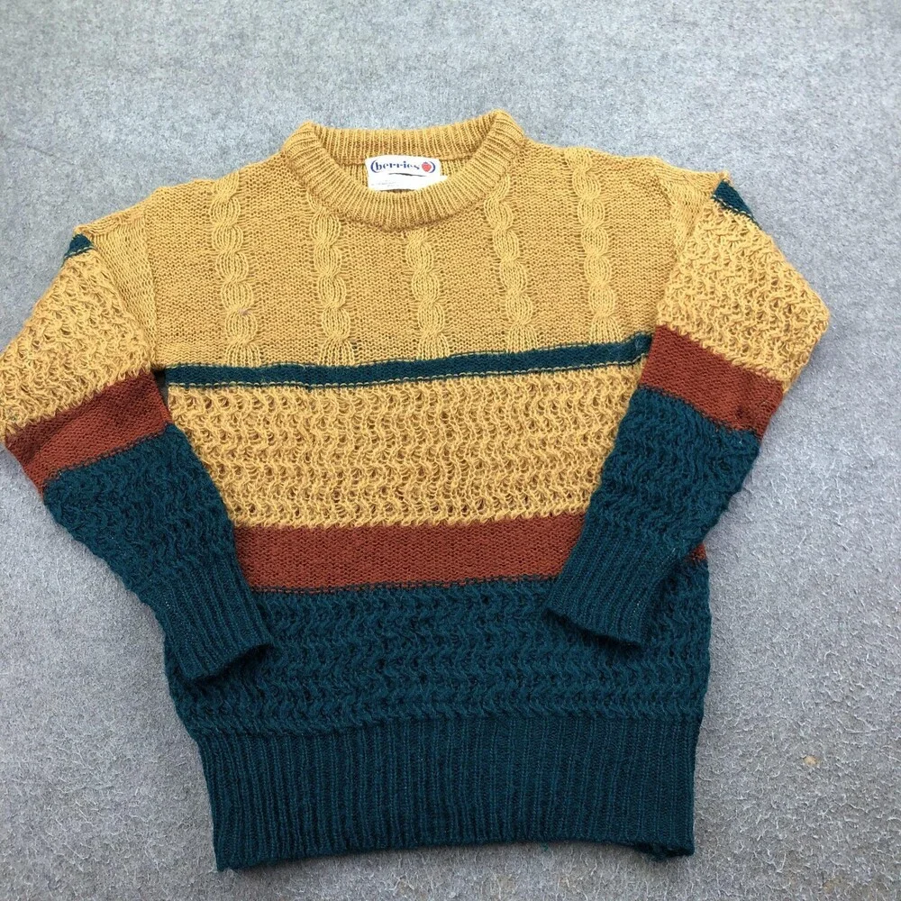 Vintage Berries Sweater Mens Large Multicolor Striped Knit Crewneck Heavyweight